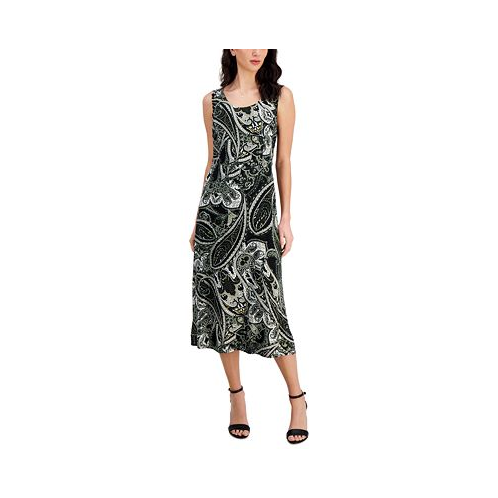 Connected Womens Printed Round-Neck Tie-Back Midi Dress