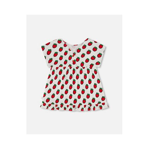 Deux par Deux Girl Organic Cotton Long Top With Frill White Printed Pop Strawberry - Child