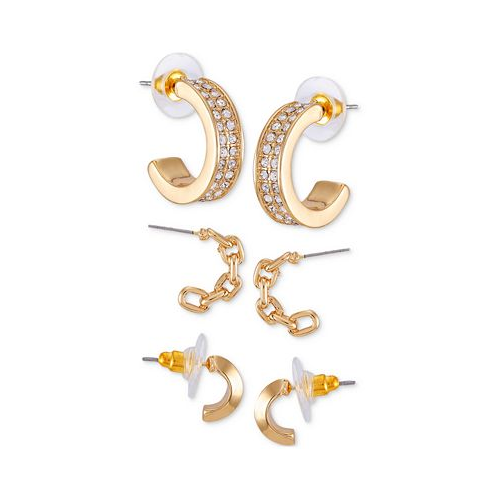 GUESS Gold-Tone 3-Pc. Set Pave & Chain Hoop Earrings
