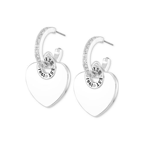 GUESS Silver-Tone Logo Heart Charm Pave Huggie Hoop Earrings