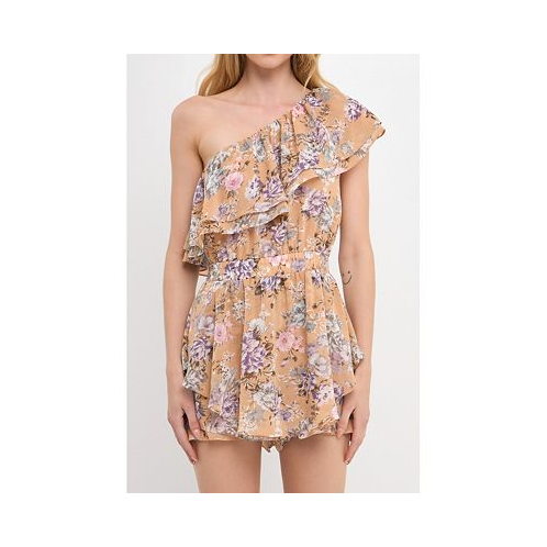 Free the Roses Womens Floral One Shoulder Romper