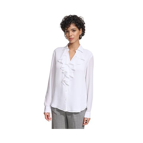 Calvin Klein Womens Ruffle-Front Long-Sleeve Shirt