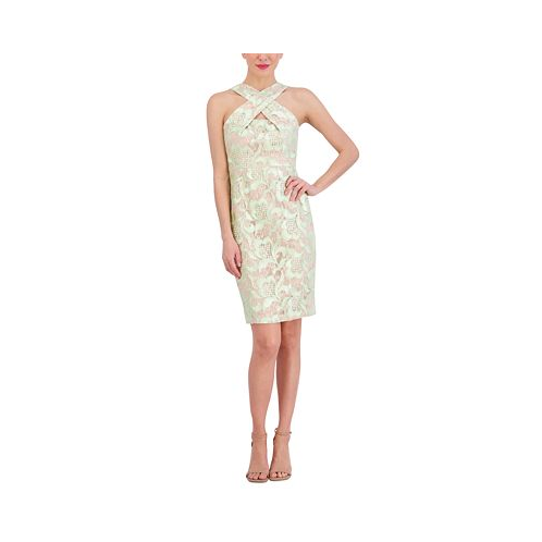 Vince Camuto Womens Criss-Cross-Neck Embroidered-Lace Bodycon Dress