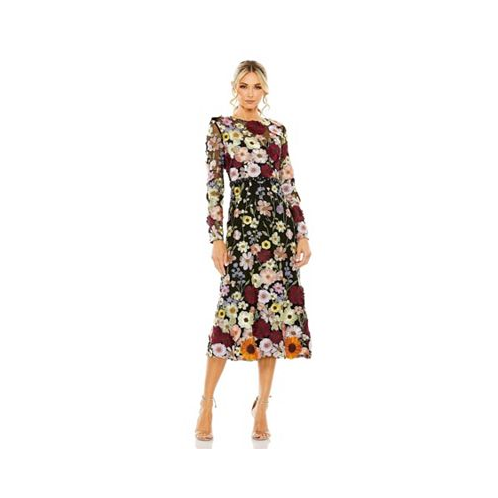 Mac Duggal Womens High Neck Floral Embellished A-Line Dress