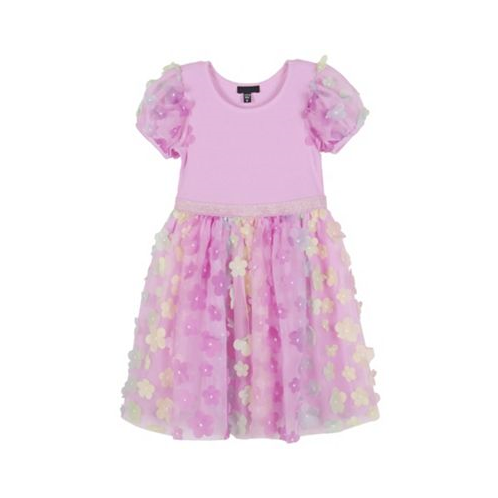 Pink & Violet Toddler Girls Solid Rib Bodice with 3D Flower Skirt and Puff Sleeves Dress