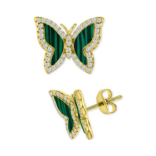 Macys Simulated Malachite & Cubic Zirconia Butterfly Stud Earrings in 14k Gold-Plated Sterling Silver