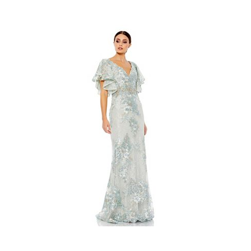 Mac Duggal Womens Bell Sleeve Floral Embellished Gown