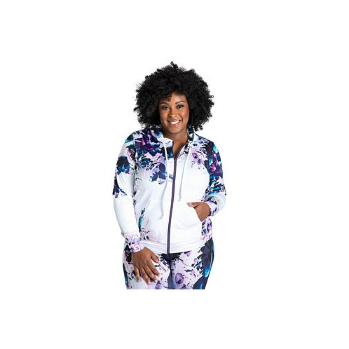 Poetic Justice Womens Plus Size Curvy-Fit Zip-Up Floral Print Poly Tricot Hoodie