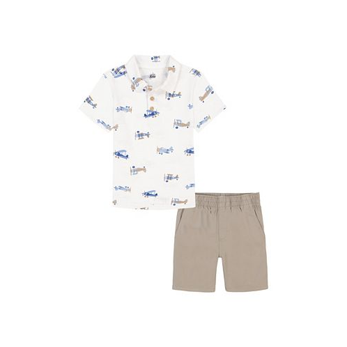 Kids Headquarters Baby Boys Short Sleeve Printed Slub Polo Shirt and Twill Shorts Set