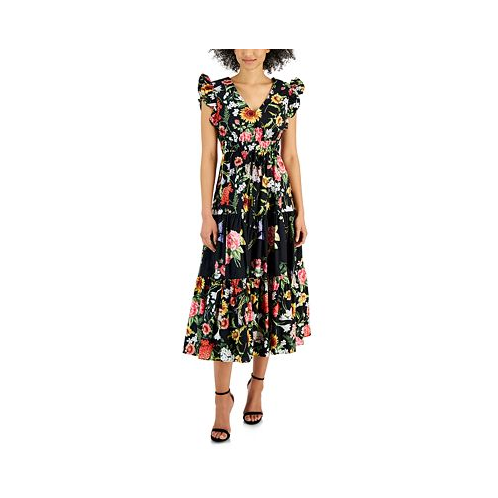 Anne Klein Womens Cotton Floral-Print Tie-Waist Midi Dress
