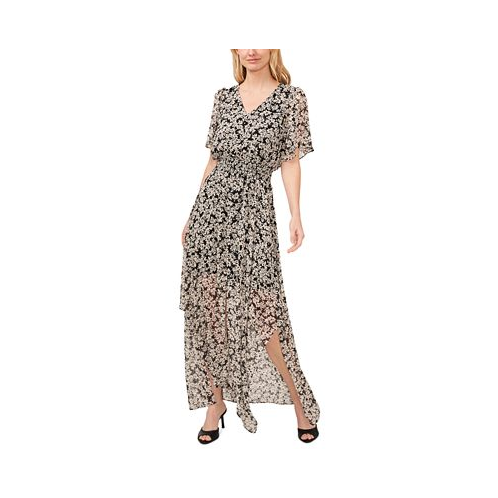 CeCe Womens Clip Dot Floral Batwing Sleeve Maxi Dress