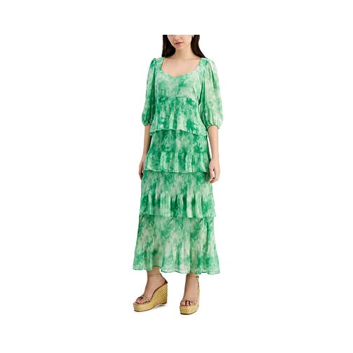 Taylor Womens Printed Tiered A-Line Midi Dress