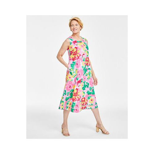 Charter Club Womens 100% Linen Floral-Print Woven Sleeveless Dress
