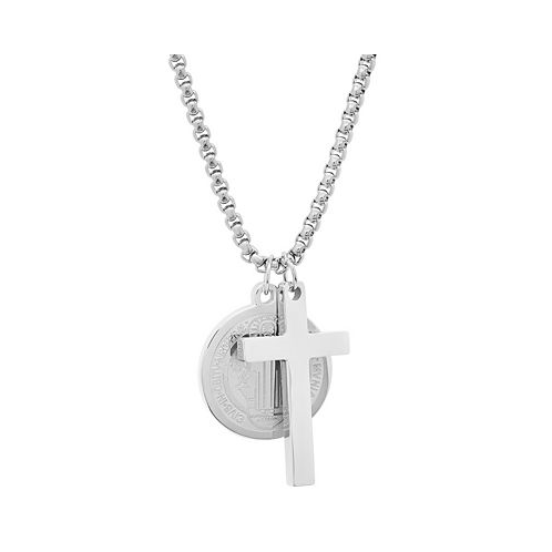 STEELTIME Mens Stainless Steel Cross and St. Benedict Religious 24 Pendant Necklace