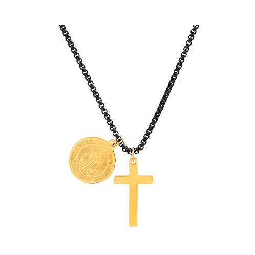STEELTIME Mens Black-Tone IP & 18k Gold-Plated Stainless Steel Cross and St. Benedict Religious 24 Pendant Necklace