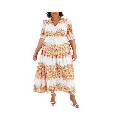 Taylor Plus Size Floral-Print Chiffon A-Line Midi Dress