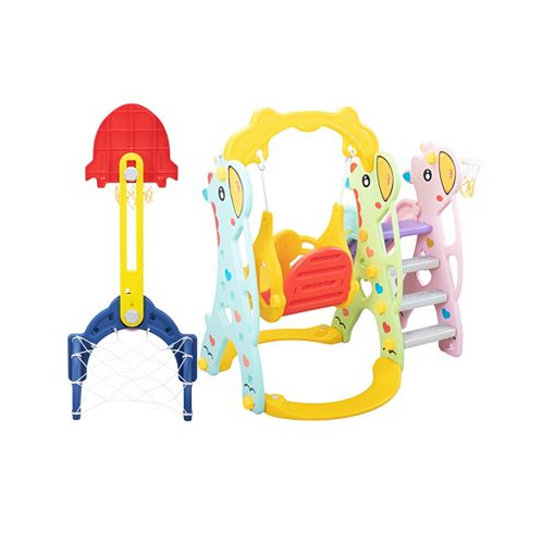 Simplie Fun 5 In 1 Slide And Swing Playing Set Toddler Extra-Long Slide With 2 Basketball Hoops Football Ringtoss Indoor Outdoor