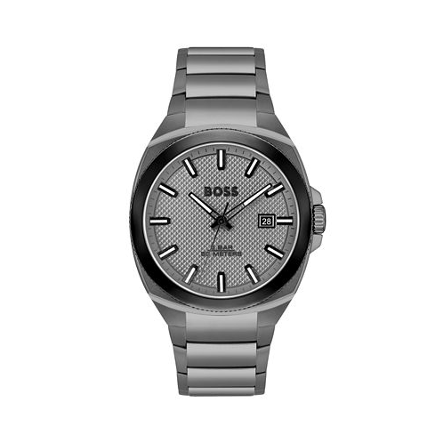 Hugo Boss Mens Walker Quartz Basic Calendar Ionic Plated Gray Steel Watch 41mm