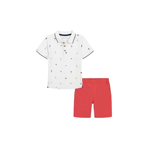 Nautica Toddler Boys Printed Pique Polo Shirt and Prewashed Twill Shorts 2 Pc Set
