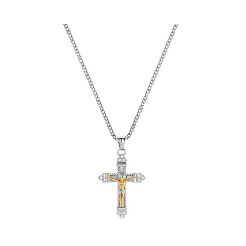 Blackjack Mens Cubic Zirconia Two-Tone Crucifix Cross 24 Pendant Necklace in Stainless Steel & Gold-Tone Ion-Plate