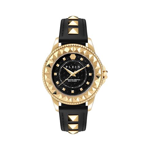 Philipp Plein Womens Lady Rock Gold-Tone Studded Black Leather Strap Watch 38mm