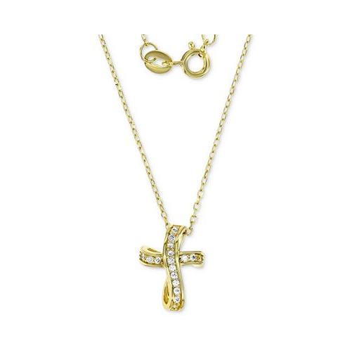 Macys Childrens Cubic Zirconia Curved Cross Pendant Necklace in 14k Gold-Plated Sterling Silver 13 + 2 extender
