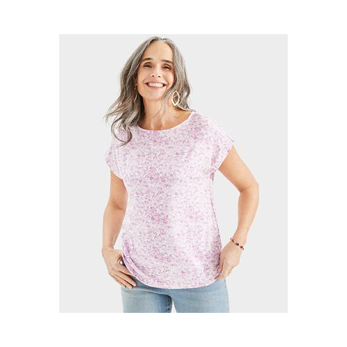 Style & Co Womens Printed Boat-Neck Short Sleeve Top
