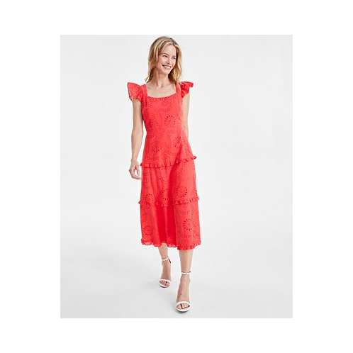 Anne Klein Womens Cotton Scoop-Neck Flutter-Sleeve Dress