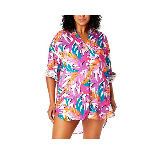 Anne Cole Plus Size Tropical-Print Cover-Up Shirt