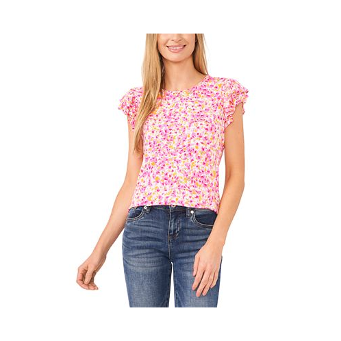 CeCe Womens Floral Print Double Ruffled Sleeve Knit Top