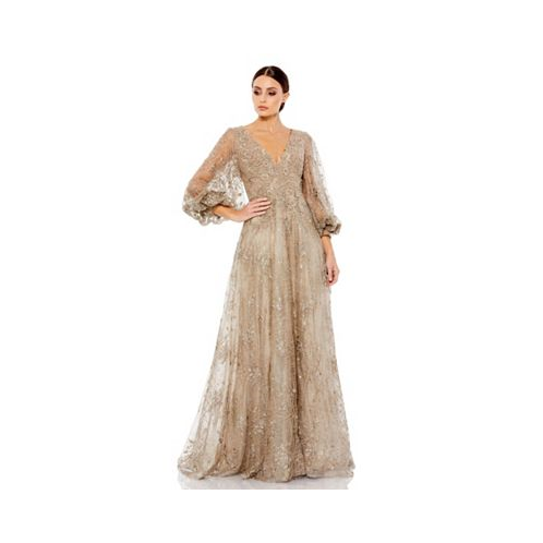 Mac Duggal Womens Embellished Plunge Neck Puff Sleeve A Line Gown
