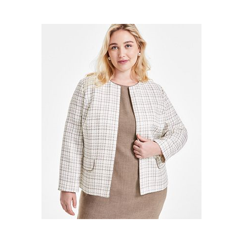 Kasper Plus Size Plaid Tweed Open-Front Cardigan Jacket