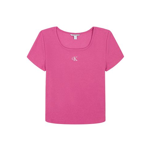 Calvin Klein Big Girls Square-Neck Embroidered-Logo Ribbed Baby T-Shirt