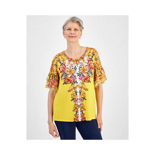 JM Collection Womens Short-Sleeve Printed Ruffled-Cuff Top