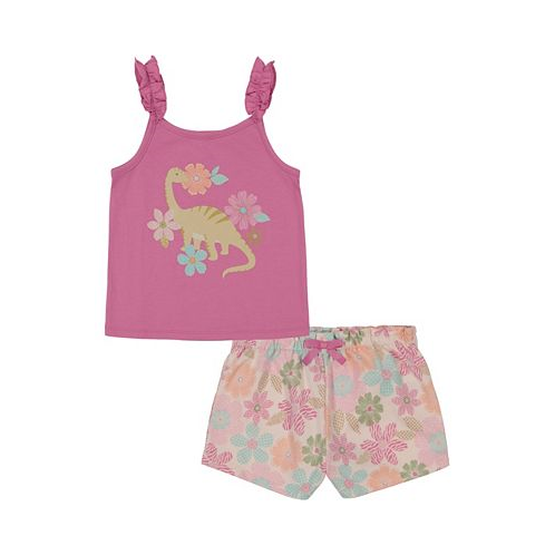 Kids Headquarters Little Girls Dinosaur Tank Top & Floral French Terry Shorts 2 piece set