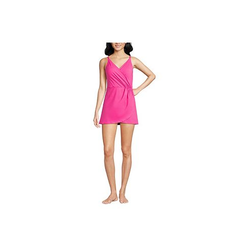 Lands End Womens Long Chlorine Resistant Tulip Wrap Swim Dress One Piece Swimsuit