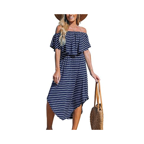 CUPSHE Womens Navy-and-White Stripe Off-Shoulder Flounce Bodice Midi Beach Dress