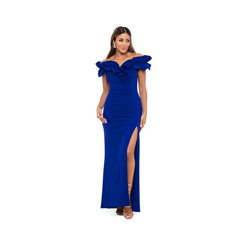 XSCAPE Ruffled Ruched Scuba Fit & Flare Gown