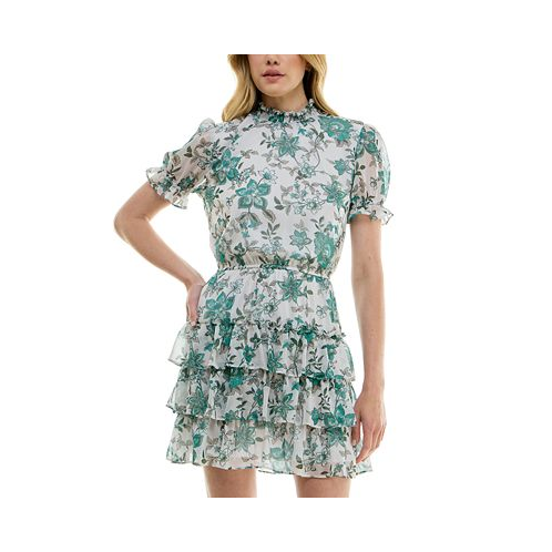 Crystal Doll Juniors Printed Puff-Sleeve Fit & Flare Dress