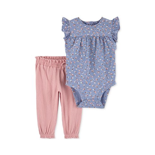 Carters Baby Girls 2-Pc. Floral-Print Bodysuit & Bow-Detail Pants Set