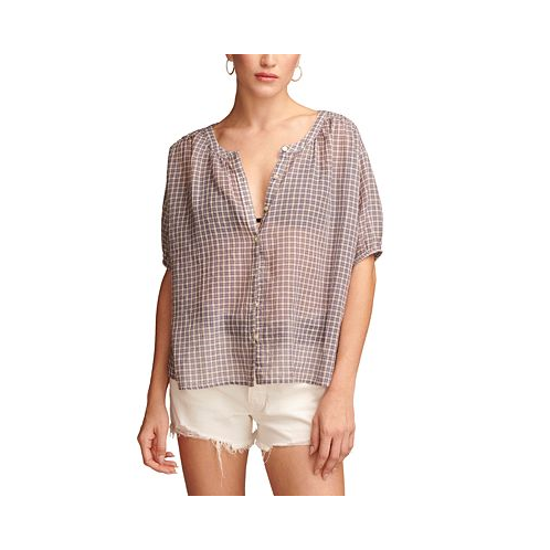 Lucky Brand Womens Cotton Plaid Smocked-Shoulder Blouse