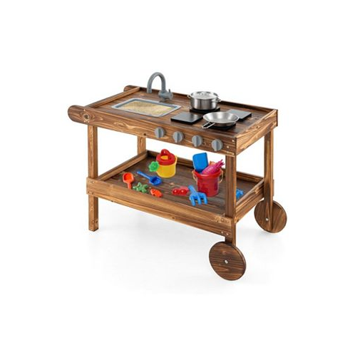 Slickblue Outdoor Movable Mud Kitchen with 2 Rolling Wheels and 1 Push Handle-Natural