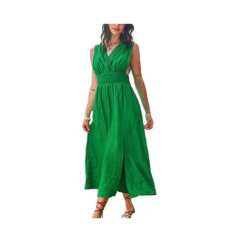 CUPSHE Womens Green Crosshatch Trim Sleeveless Midi Beach Dress