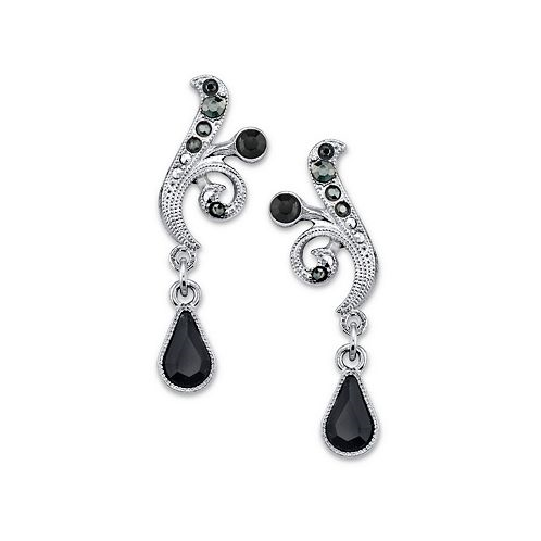 2028 Silver-Tone Black and Hematite Color Crystal Vine Drop Earrings