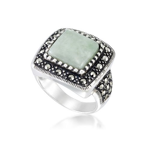 Macys Jade (11 x 11mm) & Marcasite Square Ring in Sterling Silver