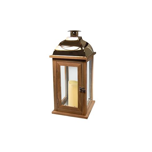 JH Specialties Inc/Lumabase Lumabase Brown Wooden Lantern with Copper Roof and LED Candle