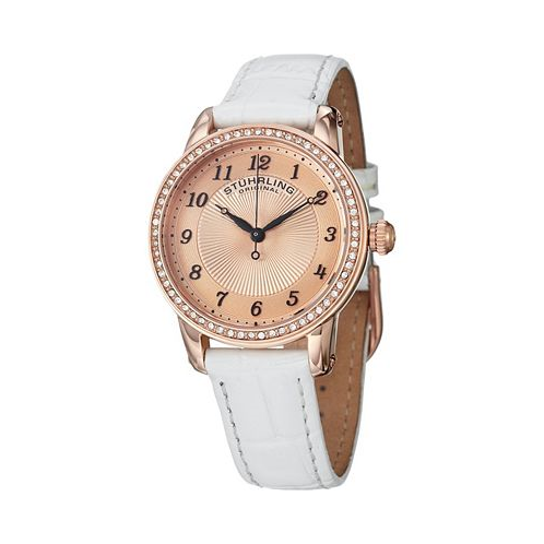 Stuhrling Original Classy Ladies Ultra Slim Quartz Watch Rose Tone Case on White Alligator Embossed Genuine Leather Strap Crystals on Rose Tone Bezel Rose Tone Dial With Black Accents