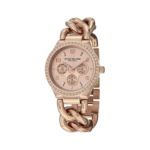Stuhrling Original Stainless Steel Rose Tone Case on Chain Bracelet Rose Tone Dial Cubic Zirconia Crystal Studded Bezel With Rose Tone and White Accents
