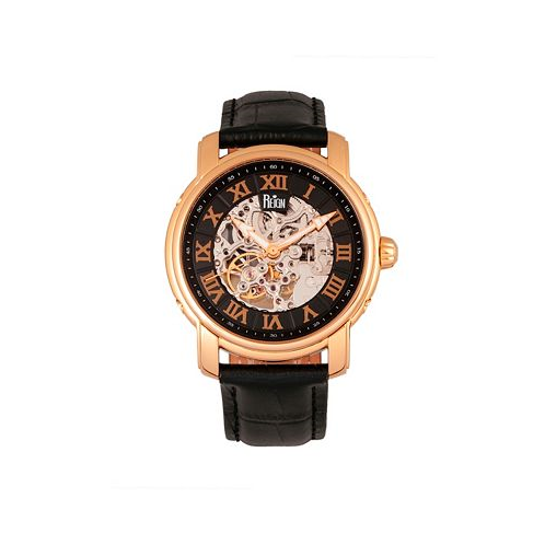 Reign Kahn Automatic Skeleton Rose Gold Case Genuine Black Leather Watch 45mm