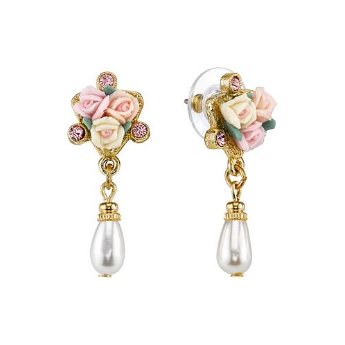 2028 Gold-Tone Crystal Ivory and Pink Porcelain Rose Simulated Pearl Drop Earrings